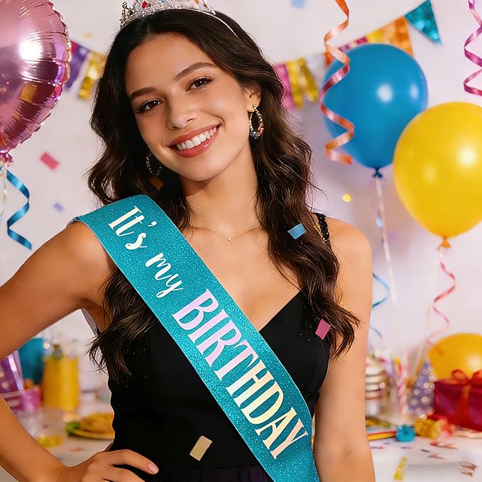 It's My Birthday Sash, Dazzle Foil Letter Glitter Blue Birthday Sash for Women Men Girl Boy Kids Teenager Funny Bday Gifts Party Favors Photo Prop