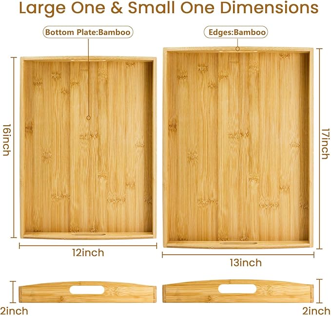 GOLD HONEY Bamboo Serving Tray with Handles Set of 2 - Decorative Wooden Tray for Living Room, Bathroom, Suitable for Used in Bedroom, Kitchen, Coffee Table, Outdoor and Storing - 17x13in, 16x12in
