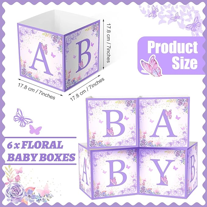 Bucherry 6 Pcs Baby Shower Centerpieces with Letters, 7" Baby Blocks Flower Boxes for Table Decorations, Gender Reveal Party Supplies & Photo Props(Purple,Purple Butterfly)