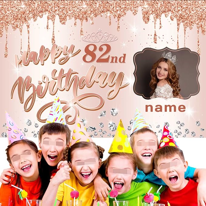 Customizable Rose Gold Happy 82nd Birthday Decoration Banner - Personalized with Name and Photo