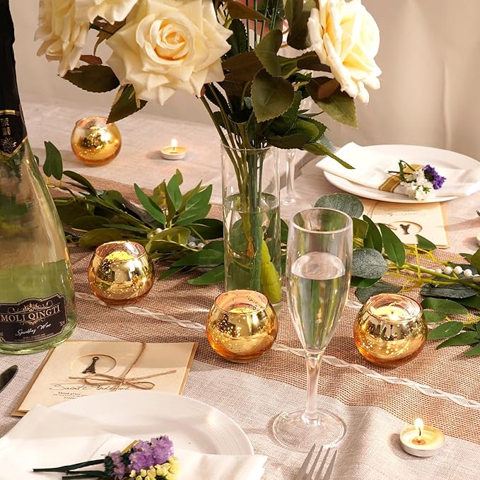 Homemory 24 Pcs Gold Votive Candle Holders, Round Mercury Glass Candle Holder, Tealight Candle Holders for Table Centerpieces, Baby Shower,Anniversary, Wedding, Home Decor, Halloween, Christmas
