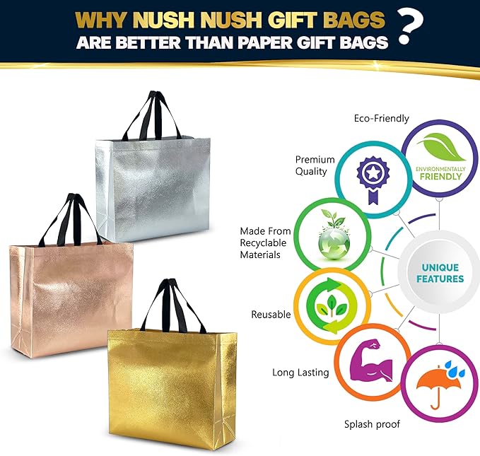 Nush Nush Large Mix Color Gift Bags Bulk - Set of 30 Reusable Gift Bags with Handles (10 of Each Rose Gold, Silver, and Gold) - Large Goodie Bag for Birthday, Bachelorette, Christmas, Events - 13X5X11