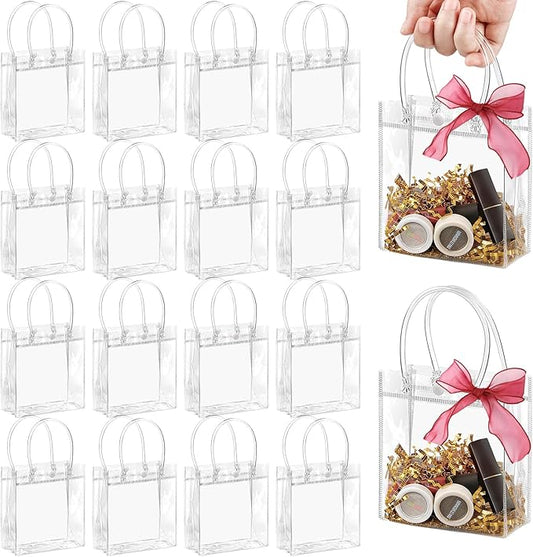 Jutieuo 50 PCS Clear Plastic Gift Bags with Handles, 4.9 x 5.9 x 2.8 inches Small Reusable Transparent Party Favor Bags PVC Goodie Bags Bulk for Weddings, Baby Showers, Birthdays