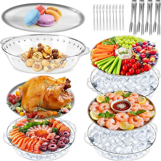 Chilled Serving Tray 4-Pack, 11.8" Compartment Charcuterie Board with Clips & Forks for Parties, Keeps Food Cold for Vegetable Fruit, Cheese, Seafood Shrimp Cocktail Serving Dish