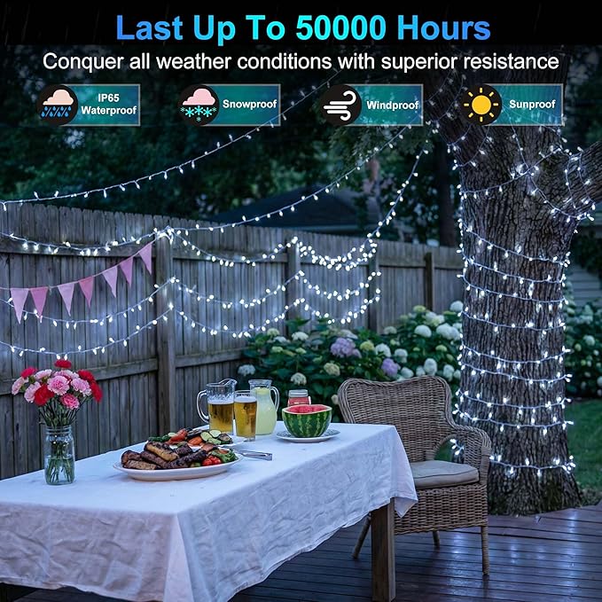 350LED 90FT Christmas Lights Indoor Outdoor, 12 Modes Cool White Outdoor String Lights with Timer & Dimmable, Green Wire Christmas String Lights for Tree Patio Yard Fence Bedroom Wedding Garden Decor