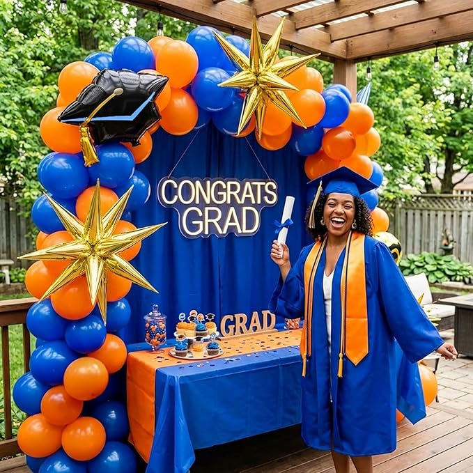 Orange and blue Graduation Balloon Garland Arch Kit with foil star crown graduation cap balloons for School students graduate class of 2026 Prom Party Decorations (Royal Blue Orange)