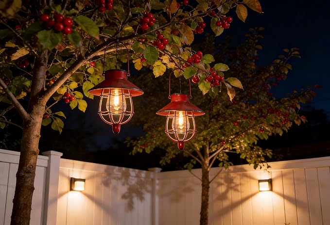 YAKii 2 Pack Solar Lantern Hanging Waterproof Outdoor Metal Solar Lamp with Warm White Light Decorate for Yard Garden Pathway Patio Porch Decor (Red)
