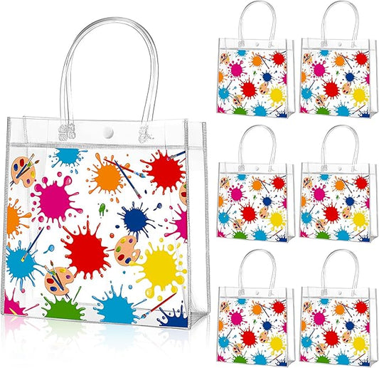 Aliceset 20 Pcs Paint Splatter Party Clear Treat Bag with Handles Painting Party Favor Bags Art Themed Goodies for Birthday Paint Splatter Decoration Candy Snack Baby Shower Supplies, 8x8x3.15 Inch