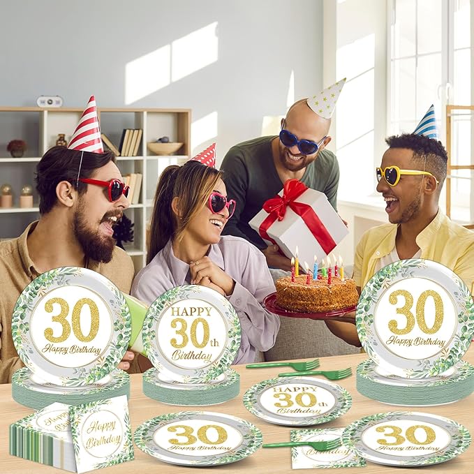 100 Pcs 30th Birthday Decorations Party Tableware Set Greenery Eucalyptus Paper Plates Sage Green Plates Forks and Napkins 30th Birthday Party Decorations for 30 Years Old Women Her Serve 25 Guests