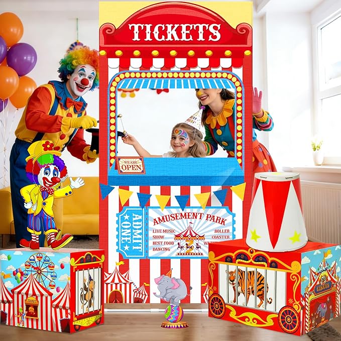 Circus Theme Party Decorations Supplies: Carnival Ticket Photo Booth Props Backdrop Kit with Circus Boxes Carnival Photo Backdrop Amusement Park Theme Accessories for Boys Girls Birthday Decor