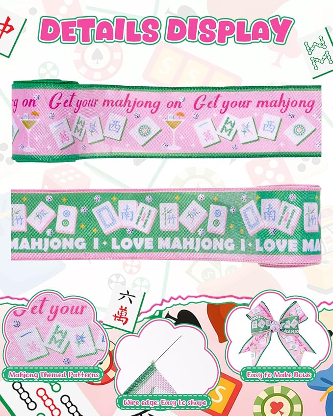 2 Rolls Mahjong Wired Edge Ribbon 2.5 Inch 10 Yards Mahjong Party Decorations Pink and Green Mahjong Theme Ribbon with Tiles, Cocktail & Dice for Game Night Decor, Gift Wrap, DIY Crafts