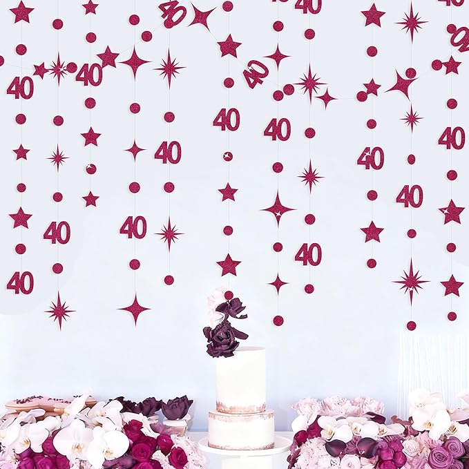 Burgundy 40th Birthday Decorations Number 40 Circle Dot Star Garland Glitter Streamer Banner Backdrop for Women Men Forty Fabulous Cheers to 40 Years Old Birthday 40th Anniversary Party Supplies