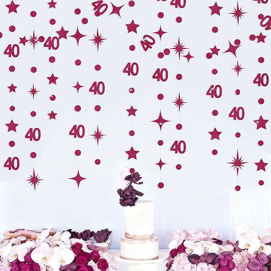 Burgundy 40th Birthday Decorations Number 40 Circle Dot Star Garland Glitter Streamer Banner Backdrop for Women Men Forty Fabulous Cheers to 40 Years Old Birthday 40th Anniversary Party Supplies