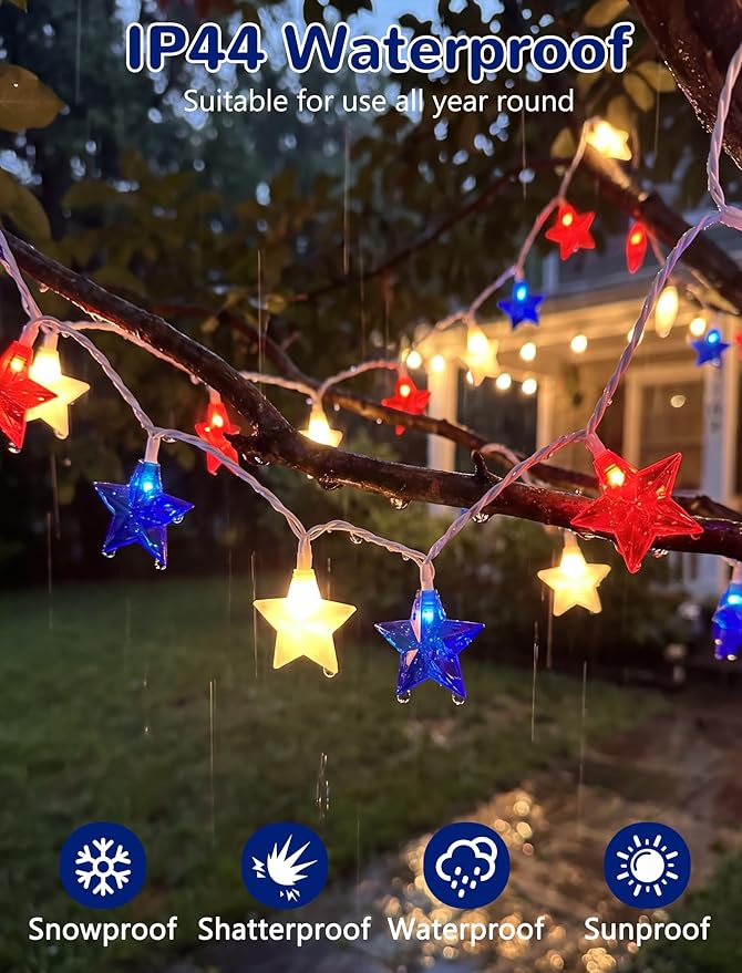 4th of July Decoration Lights, 12FT 20 LED Red White and Blue Star String Lights, Plug in Fairy Lights Waterproof Connectable for Indoor Outdoor Independence Day Decor