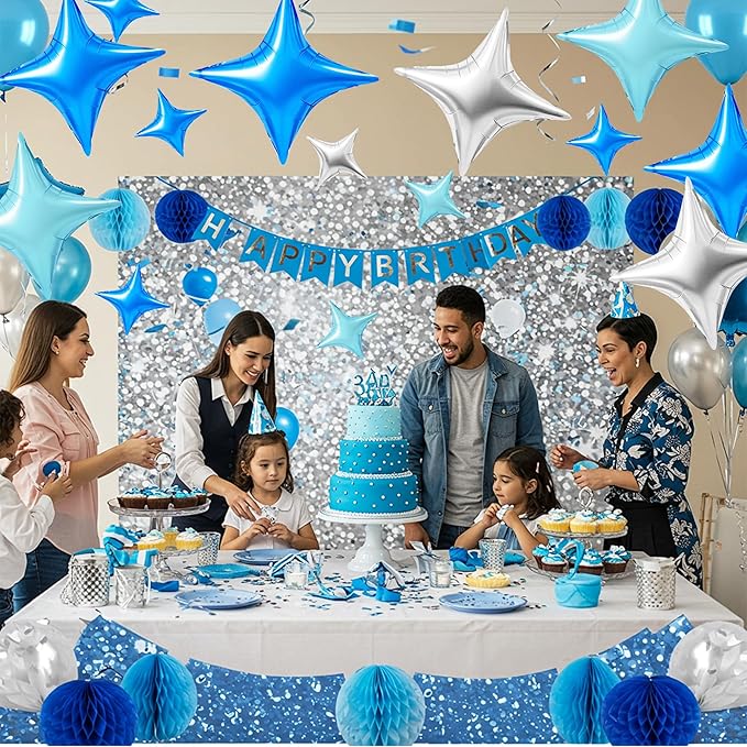 TONIFUL 30Pcs 26In&10In Star Balloons Blue Silver Four Pointed Foil Mini Star Mylar Balloons for Birthday Wedding Baby Shower Anniversary Engagement Party Decor Supplies