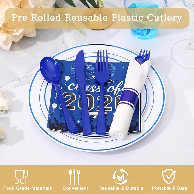 30 Pack Pre Rolled Blue Plastic Silverware Set,Wrapped Plastic Cutlery Set with Napkin Include 30 Forks,30 Spoons,30 Knives,30 White Napkins and 30 Blue Napkins for Graduation Congrats Grad Party