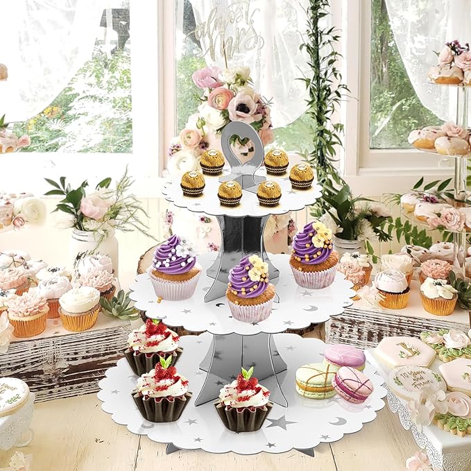 Soleebee 3-Tier Cupcake Stand, Cardboard Cupcake Tower, Dessert Cup Cake Stand Tower for Birthday Wedding Party Decoration, Cupcake Tier Stand 2 Set (Silver Moon and Star)