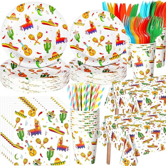 Ceenna 452 Pcs Mexican Party Decoration Supplies for 50 Guest, Mexican Plates Napkins Cups Tablecloth Cutlery Straw Fiesta Disposable Tableware for Cinco De Mayo Taco Birthday Wedding Party Decoration