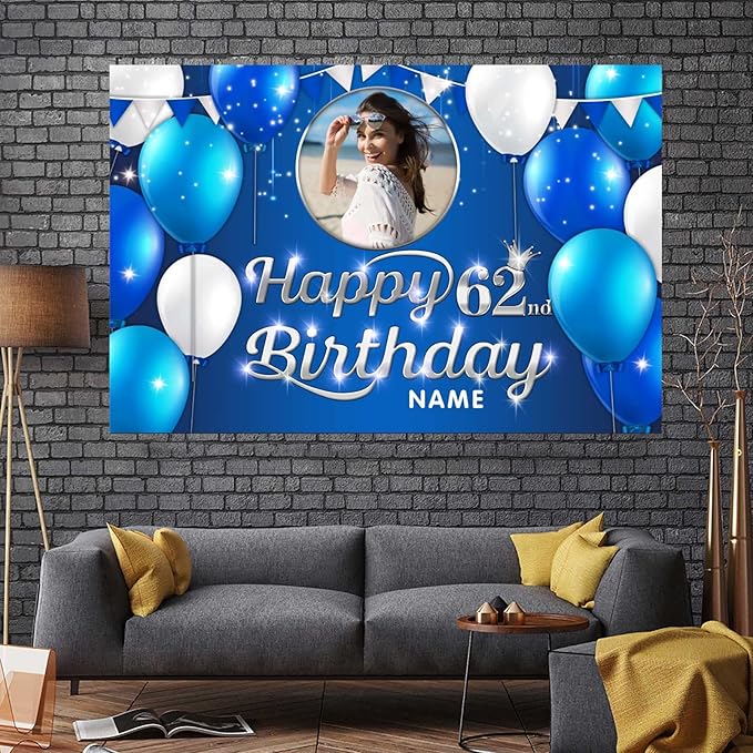 Custom Happy 62nd Birthday Decoration Banner - Personalized Navy Blue Birthday Party Banner in Large Sizes-Custom Photos and Names