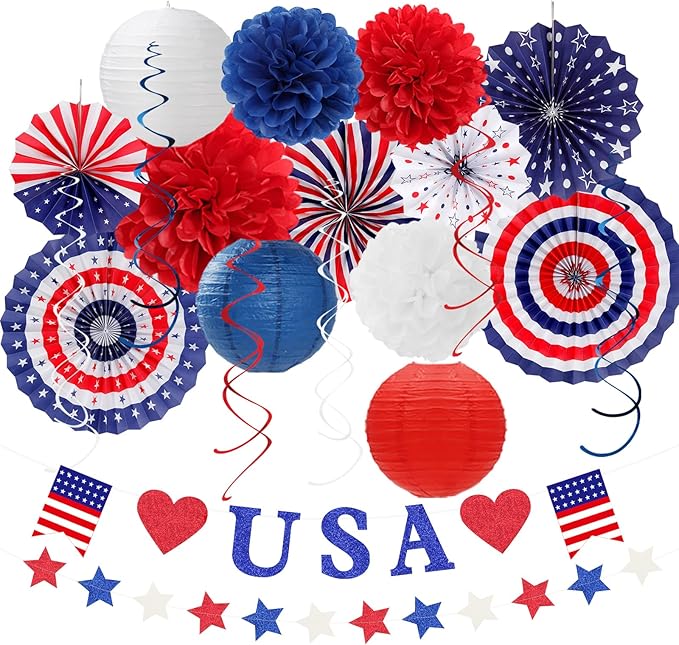 Red-White Blue Memorial-Day Patriotic Decorations - 21pcs 4th Fourth of July Americana Banner Garland,Independence Party Decor Paper Streamers Lanterns,Flower Tissue Pom Poms Fan Supplies Huglony