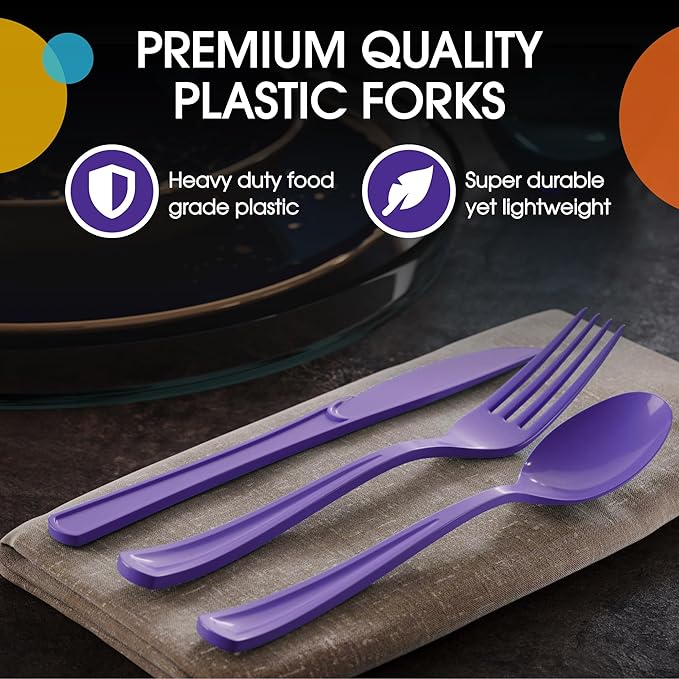 Party Solids Purple Plastic Silverware Heavy Duty 150 Pieces Purple Plastic Cutlery Sets, Utensil Sets, 50 Of Each Forks, Knives & Spoons Disposable Cutlery Set, Flatware Set For Party Supplies