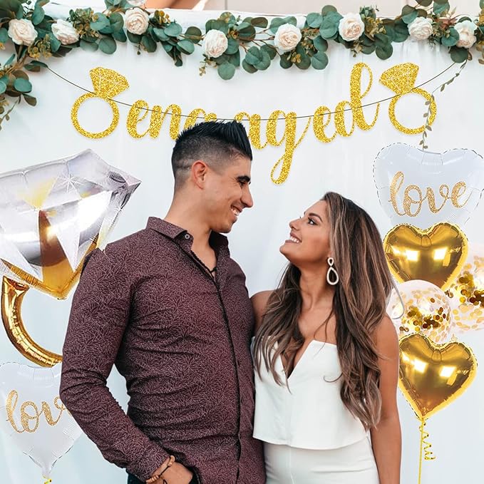 Sparkly Gold Engagement Decorations - Engaged Banner, Cake Decorations, Confetti, Ring Balloons for Wedding Party Decor