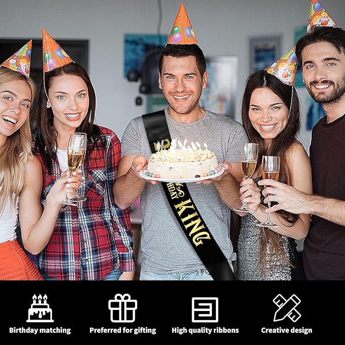 21st King Sash, Funny Black and Gold Foil Birthday Sash, Great for Men's 21st Birthday Parties, Large Size (35.4x3.74 inch)