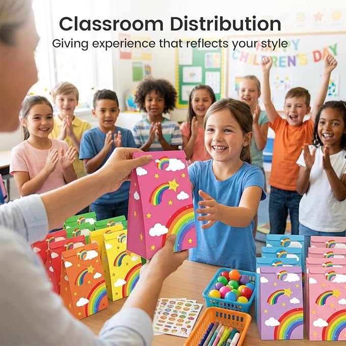 VGOODALL 24 Pack Rainbow Party Favor Bags with Stickers - 8.7"x4.7"x3.1" Colorful Cloud & Star Goodie Bags, 8 Rainbow Colors for Kids Birthday, Baby Shower & School Events