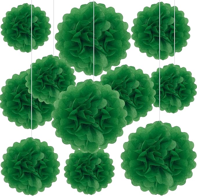 20 PCS Green Tissue Paper Pom Poms, Tissue Pom Poms Flowers, Sizes of 6", 10", 12", 14" Hanging Paper Flower Ball for Wedding, Birthday, Halloween, Christmas, Baby Shower Party Decor