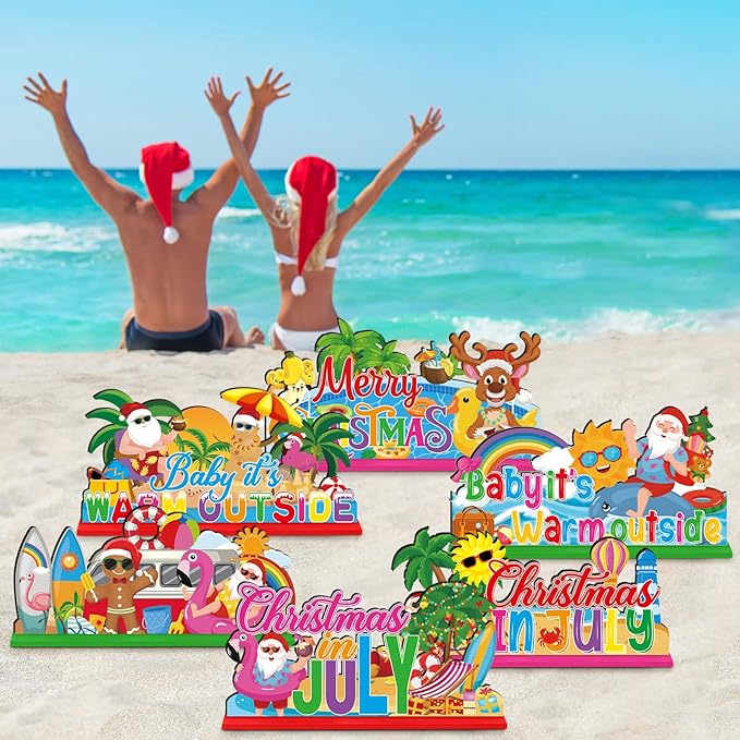 Suzile 6 Pcs Christmas in July Table Decoration July Summer Table Centerpieces Signs Santa Flamingo Palm Tree Theme Beach Party Decorations Home Table Desktop Favors Supplies (Christmas in July)