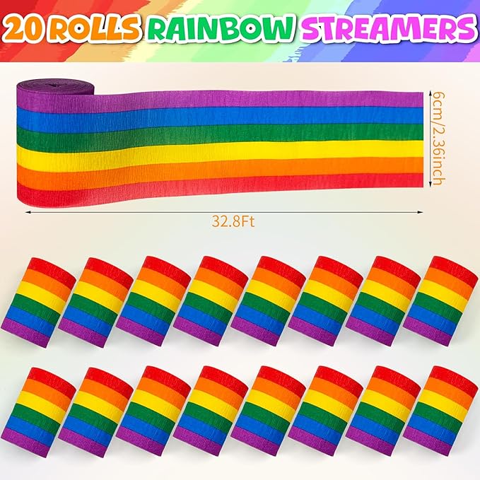 20 Rolls Rainbow Crepe Paper Streamers, 656 ft Colorful Crepe Rolls Rainbow Streamer Paper Party Decorations for Birthday Wedding Bachelorette Bridal Baby Shower Pride Party Backdrop DIY Supplies