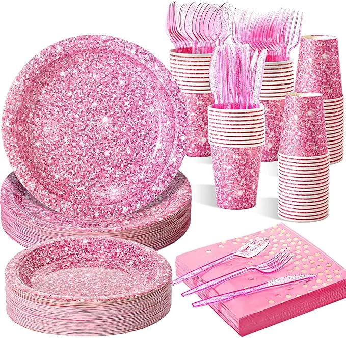 Hushee 350 Pcs Pink Holographic Print Party Supplies Guests Disposable Dinnerware Set Include Paper Plates, Napkins, Cups, Plastic Cutlery for Wedding Birthday Disco Bachelorette