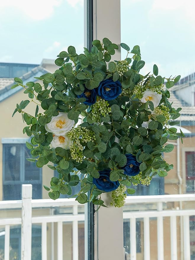 PARTY JOY 6.56ft Eucalyptus Garland with Flowers-8 Blue White Roses, Artificial Fake Flowers Greenery Garland Floral Vines for Decoration Party Wedding Table Indoor Outdoor Backdrop Wall Decor