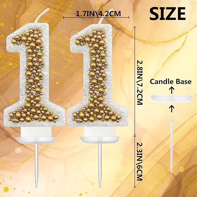 11 Birthday Number Candle for Cake, Glitter Number Candle with Gold Beads, Decorative Cake Topper for Milestone Celebrations