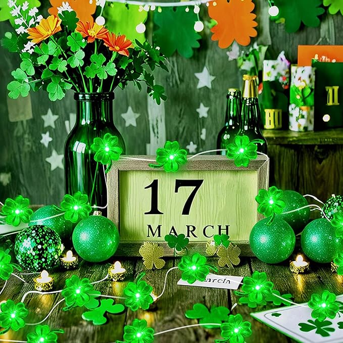 Aogist Super Bright 50LED Shamrock String Lights - 16ft St Patrick's Day 3D Clover Fairy Lights Battery Operated for Indoor/Outdoor Irish Party, Wedding, Holiday Green Decor - 2 Pack