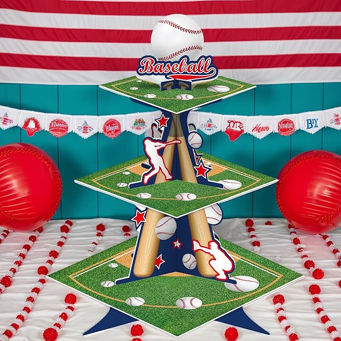 KALEFO 3 Tier Baseball Cupcake Stand Grand Slam Dessert Tower Sports Party Centerpiece for Baseball Birthday Team Celebration Cake Display Decorations Supplies