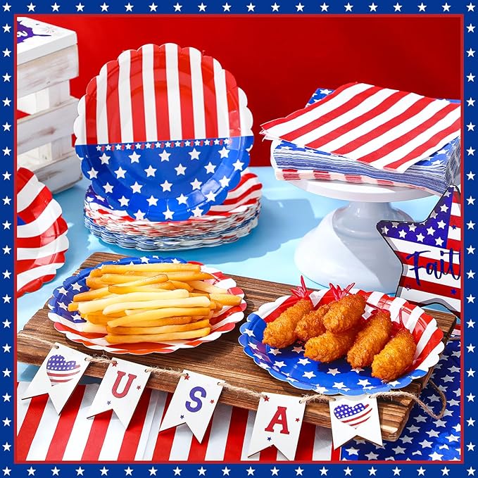 Funnymoom 96 Pcs Memorial Day Tableware Set for 48 Guests Include 48 Pcs 7 Inch Dessert Plates and 48 Napkins Patriotic American Star Flag Dinnerware for 250th Anniversary Independence Day Party
