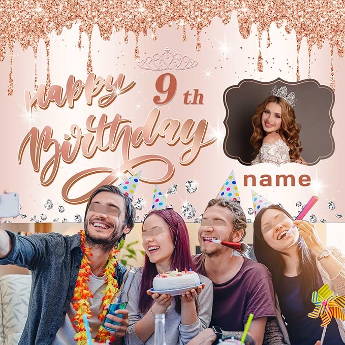 Customizable Rose Gold Happy 9th Birthday Decoration Banner - Personalized with Name and Photo