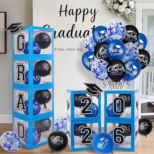 2026 Graduation Decorations 4 Grad Balloon Boxes with Letters 2026 Grad & So Proud of You and 18pcs Balloons Graduation Party Decorations (Blue)