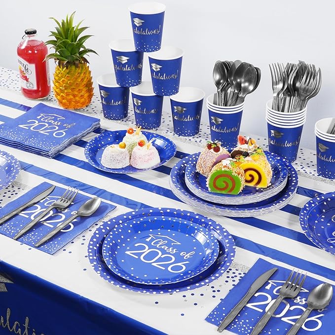175pcs Class of 2026 Graduation Plates and Napkins Set, Disposable Paper Plate Set Polka Dots Napkins Cups Knife Fork Spoon for Graduation Party Decorations and Supplies,Serve 25 (Blue Silver)