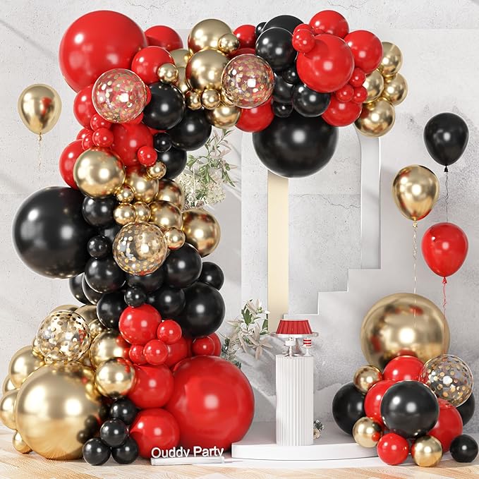 Ouddy Party 149Pcs Red Black Gold Balloon Arch Garland Kit Different Sizes 18 12 10 5Inch, 6Pcs 18” Latex Metallic Gold Confetti Balloons for Birthday Casino Night Movie New Year Party Decorations