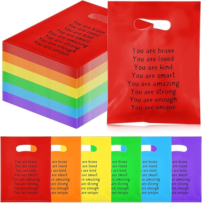 Coume 100 Sets End of Year Gifts Bags for Students 6 Colors Inspiration Quotes Plastic Party Favors Treat Bags with Handles Birthday Party Favors, 6" x 8"