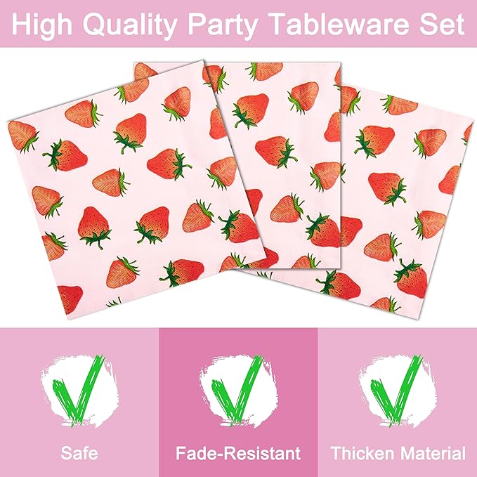 96 Pcs Strawberry Birthday Party Plates Napkins Forks Supplies Summer Fruit Tableware Set Disposable Strawberry Theme Decoration for Girls, Serves 24 Guests