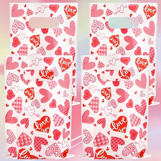 Hxezoc 50 Pieces Valentines Day Gift Bags with Handle, Plastic Treat Candy Bag Heart Goodie Treat Bags for Valentine's Day Anniversary, Baby Showers Birthday Party Supplies