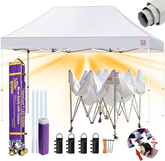 Tradesparker 10x15 Pop Up Canopy Tent,Commercial Movable Canopy with ApexCore LED&Rugged Casters-Instant Easy Setup Shelter Canopies with Weight Bags&Stakes for Outdoor Events Markets Vendors,White