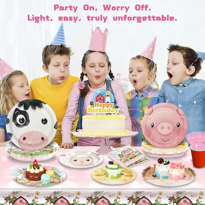 Farm Animals Party Supplies for 36 Guests, 146PCS Disposable Party Tableware Set with Paper Plates, Napkins, Forks and Tablecloths for Kids Birthday Party and Baby Shower