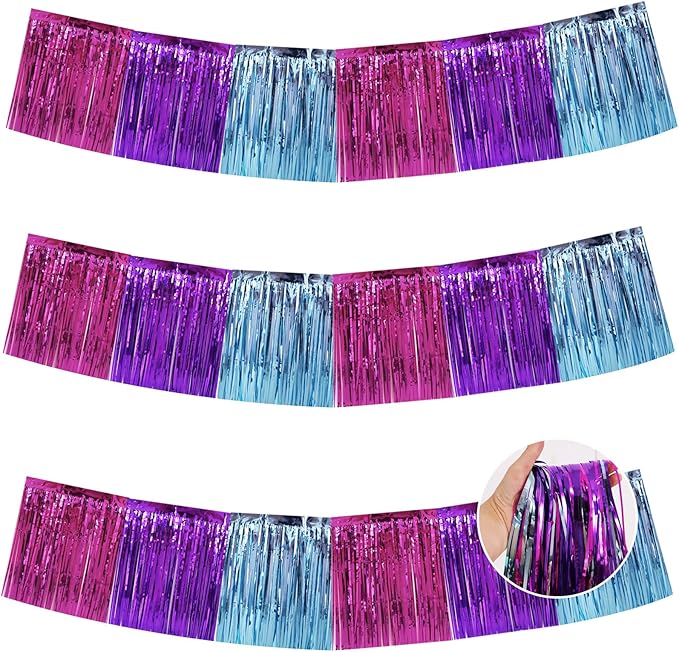 BEISHIDA 3 Packs Metallic Foil Fringe Garland Blue Purple Pink Wall Hanging Tinsel Fringe Banners for Car Floats Bridal Shower Wedding Birthday Easter Graduation Holiday Party Decoration(30 Feet)