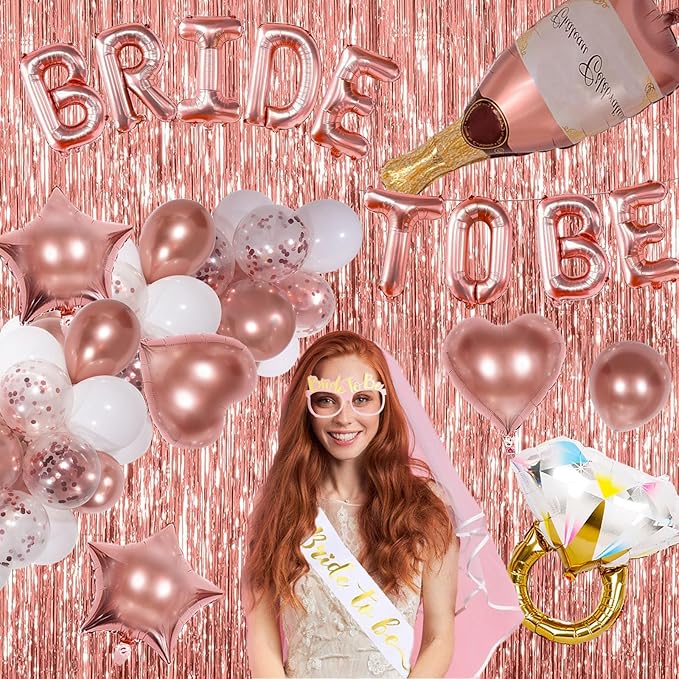 Bachelorette Party Decorations, Rose Gold Bride To Be Decorations with Bride Balloons, Sash, Veil, Tinsel Backdrop for Bridal Shower Decor