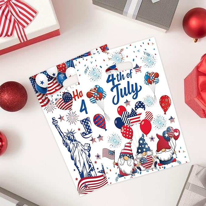 MOIZYNG 50Pcs Happy 4th of July Gift Bags with Handles, Patriotic Red White Blue Plastic Candy Treat Goodie Bags for Fourth of July Independence Day Party Favors Supplies
