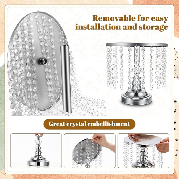 Bokon 6 Pcs Crystal Cake Stand Round Dessert Cupcake Holder Metal Stand Table Cake Pedestal with Crystal Pendant Wedding Bead Dessert Cupcake Pastry Display Plate for Wedding Birthday Party (Silver)